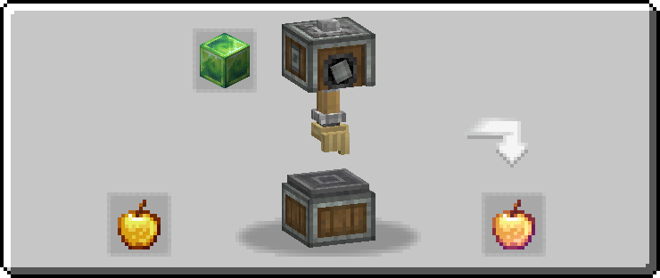 A deploying recipe, showing a Block of Experience being deployed on a Golden Apple to make an Enchanted Golden Apple.